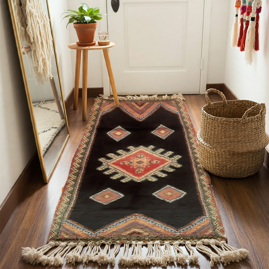 Abstract Berber Art Handwoven Moroccan Rug in Black and Warm Tones - 255x100cm