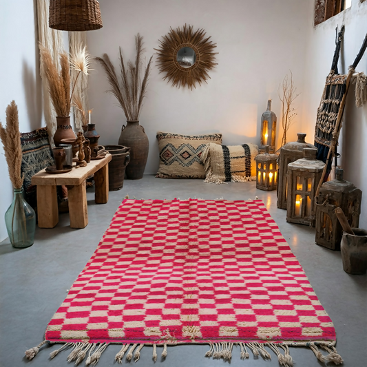 Bold Moroccan Rug in Pink and White - Handwoven Boujaad Rug - 279x188cm