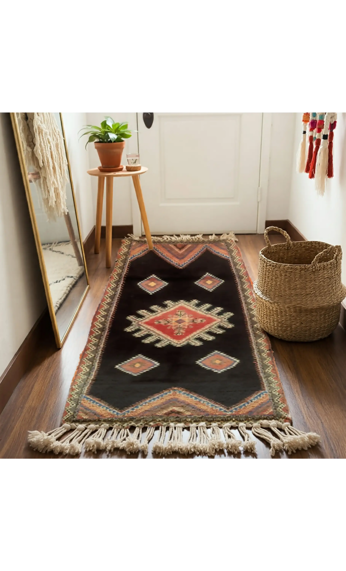 Abstract Berber Art Handwoven Moroccan Rug in Black and Warm Tones - 255x100cm