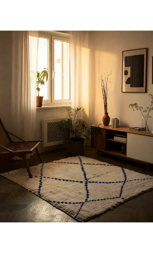 Classic Beni Ouarain Rug with Minimalist Diamond Pattern - 202x140cm - 202x140cm - Rugs