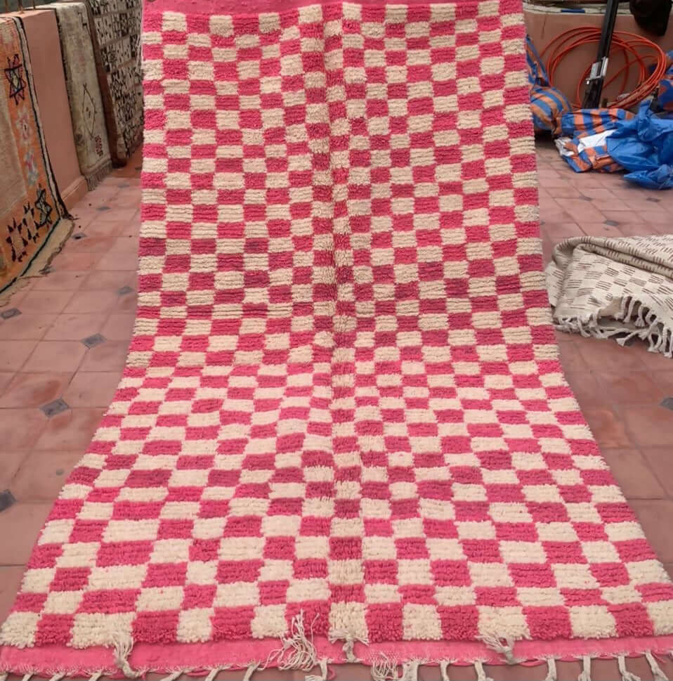 Bold Moroccan Rug in Pink and White - Handwoven Boujaad Rug - 279x188cm