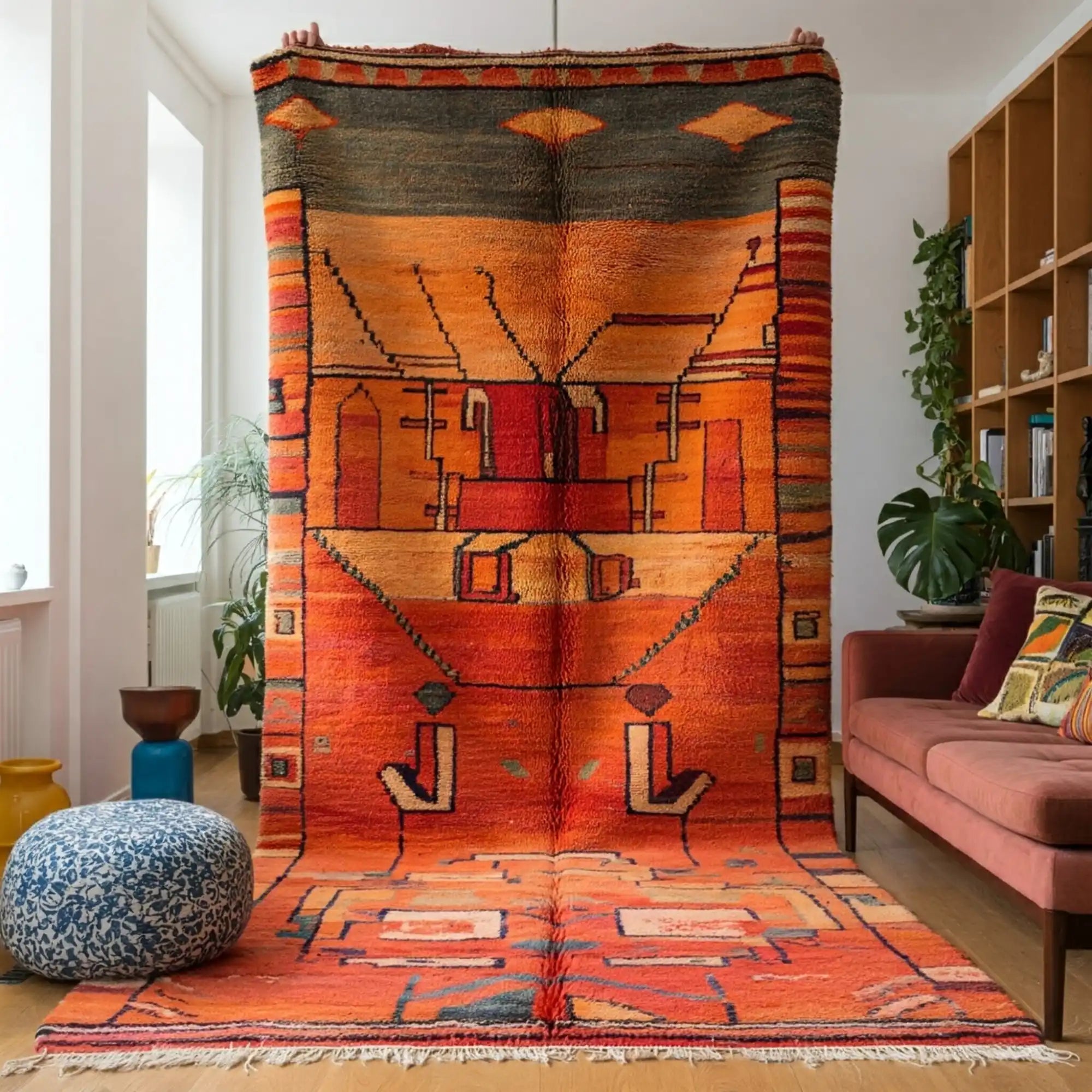 Vibrant orange Moroccan rug with geometric tribal patterns in black and brown.